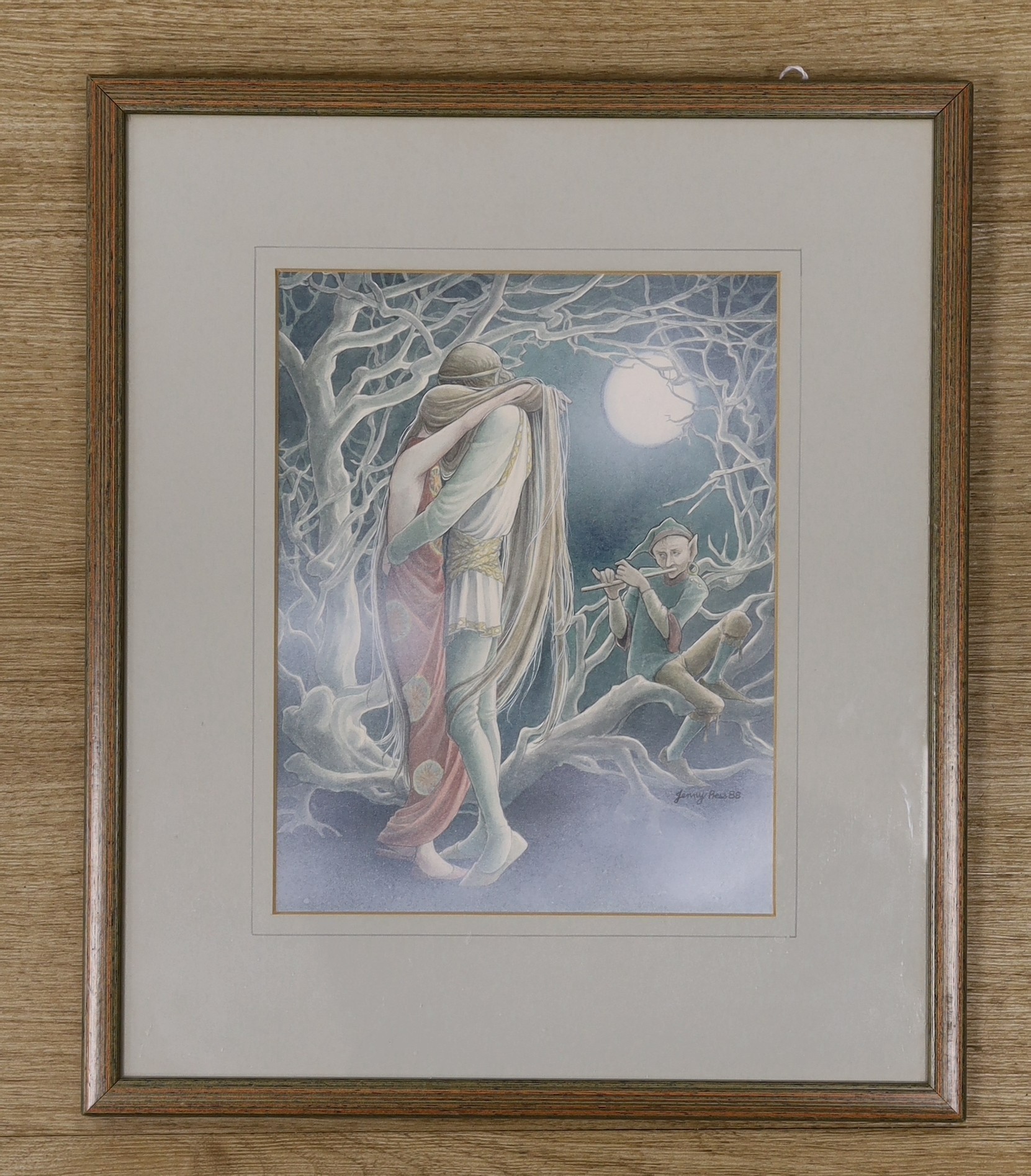 Jenny Press, watercolour, Medieval lovers by moonlight, signed and dated '88, 25 x 19.5cm